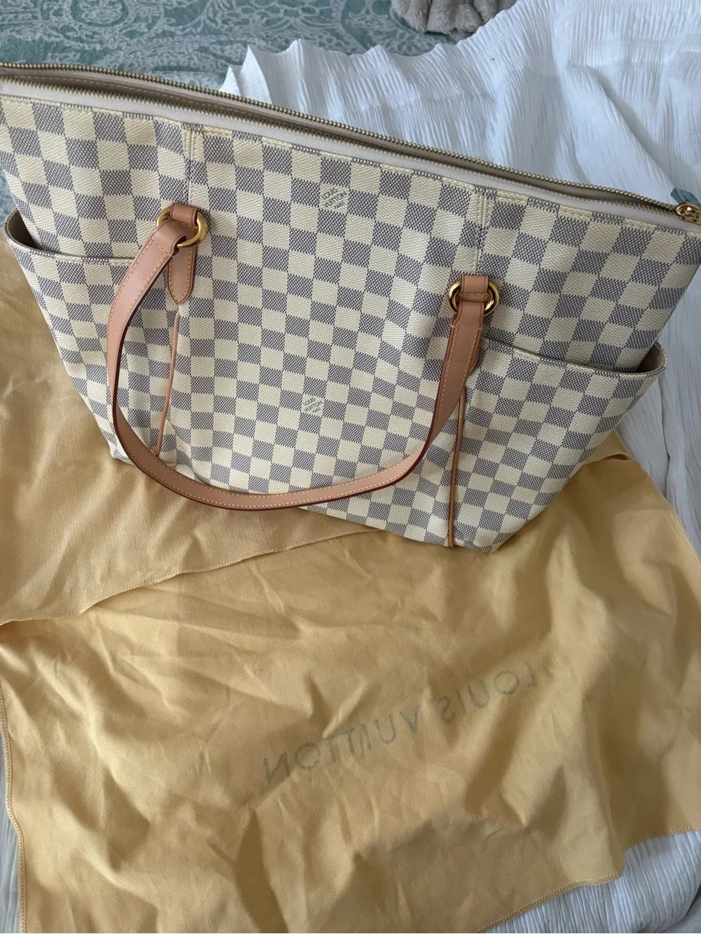 Louis Vuitton Damier Azur Checkered Tote with Tan Leather Handles